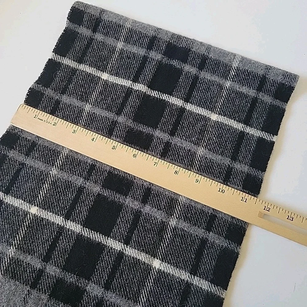 John Hanly Vintage 80s Lambswool Fringed Scarf Black Gray Plaid Flannel Academia